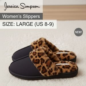 NEW! Jessica Simpson Women's Faux Fur Leopard Trim Slippers - Size Large (8-9)